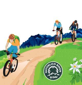 Illustration dreier Mountainbikefahrer*Innen auf einem Weg, der über eine Wiese führt. Im Hintergrund sind Berge zu sehen. Das Logo der Kampagne 