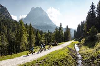 Vier Mountainbiker fahren auf Forstweg vor Civetta Panorama