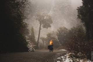 Mensch in gelber Jacke fährt auf Fahrrad durch winterlichen Wald