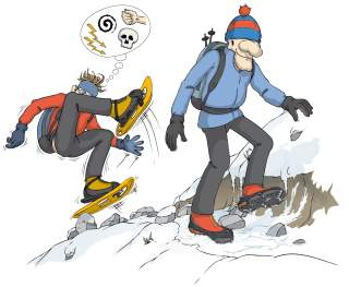 Illustration von Menschen mit Grödeln und Schneeschuhen