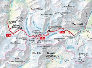 Karte: Tourenverlauf von Zermatt nach Arolla.